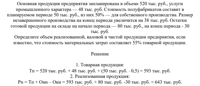 Основная продукция предприятия запланирована в объеме 520 тыс. руб., услуги промышленного характера — 48 тыс. руб. Стоимость полуфабрикатов составит в планируемом периоде 50 тыс. руб., из них 50% — для собственного производства