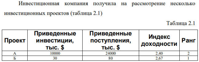 Инвестиционная компания получила на рассмотрение несколько инвестиционных проектов (таблица 2.1) Таблица 2.1 Проект Приведенные инвестиции, тыс. $ Приведенные поступления, тыс. $ Индекс доходности Ранг А