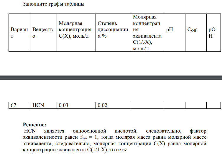 Заполните графы таблицы Вариан т Веществ о Молярная концентрация С(Х), моль/л Степень диссоциации α % Молярная концентрац ия эквивалента С(1/ZХ), моль/л рН СОН - рО Н