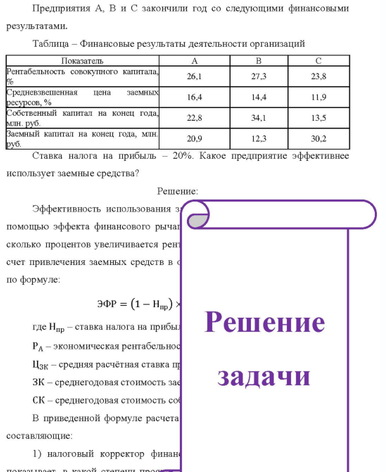 Предприятия А, В и С закончили год со следующими финансовыми результатами. Таблица - Финансовые результаты деятельности организаций Показатель Рентабельность совокупного капитала % 26,1 27,3 23,8 Средневзвешенная цена заемных ресурсов, %