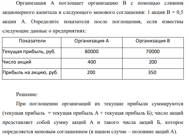Организация А поглощает организацию В с помощью слияния акционерного капитала и следующего менового соглашения: 1 акция В = 0,5 акции А. Определите показатели после поглощения, если известны следующие данные о предприятиях: