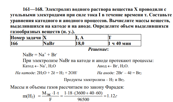 Электролиз водного раствора вещества X проводили с угольными электродами при силе тока I в течение времени т. Составьте уравнения катодного и анодного процессов. Вычислите массы веществ, выделившихся на катоде и на аноде