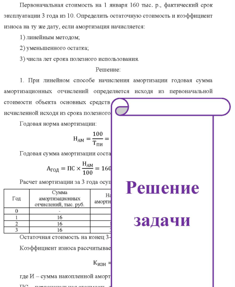 Первоначальная стоимость на 1 января 160 тыс. р., фактический срок эксплуатации 3 года из 10. Определить остаточную стоимость и коэффициент износа на ту же дату, если амортизация начисляется: 1) линейным методом; 2) уменьшенного остатка; 3) числа лет срока