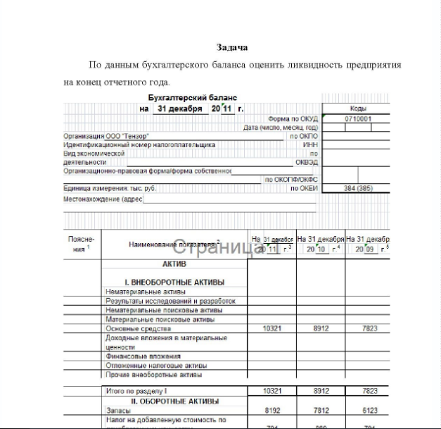 Задача По данным бухгалтерского баланса оценить ликвидность предприятия на конец отчетного года. Единица измерения тыс. руб. Мастонахождение (адрес Бухгалтерский баланс на 31 декабря 20'11 г. Организация ООО "Тензор"