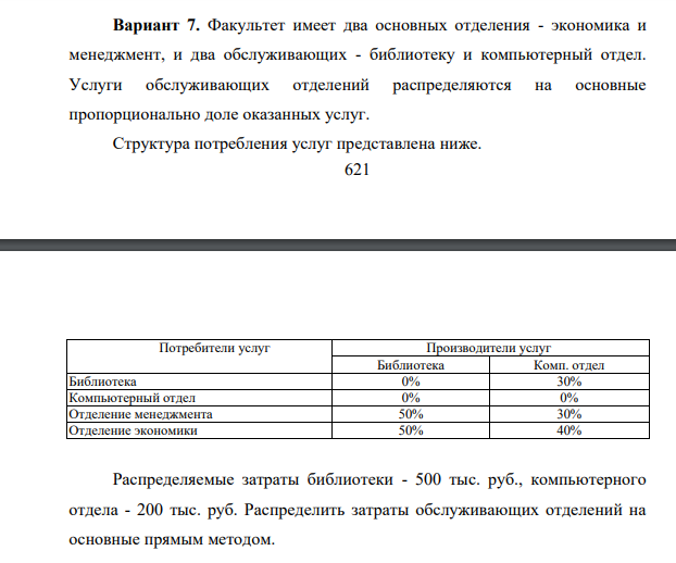 Факультет имеет два основных отделения - экономика и менеджмент, и два обслуживающих - библиотеку и компьютерный отдел. Услуги обслуживающих отделений распределяются на основные пропорционально доле оказанных услу