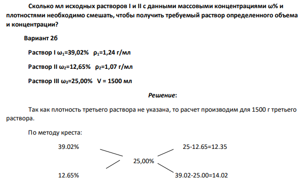 Сколько мл исходных растворов I и II с данными массовыми концентрациями ω% и плотностями необходимо смешать, чтобы получить требуемый раствор определенного объема и концентрации? Вариант 2б