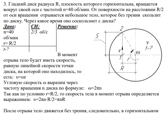 3. Гладкий диск радиуса R, плоскость которого горизонтальна, вращается вокруг своей оси с частотой n=40 об/мин. От поверхности на расстоянии R/2 от оси вращения отрывается небольшое тело, которое без трения скользит по диску. Через какое время оно соскользнет с диска?