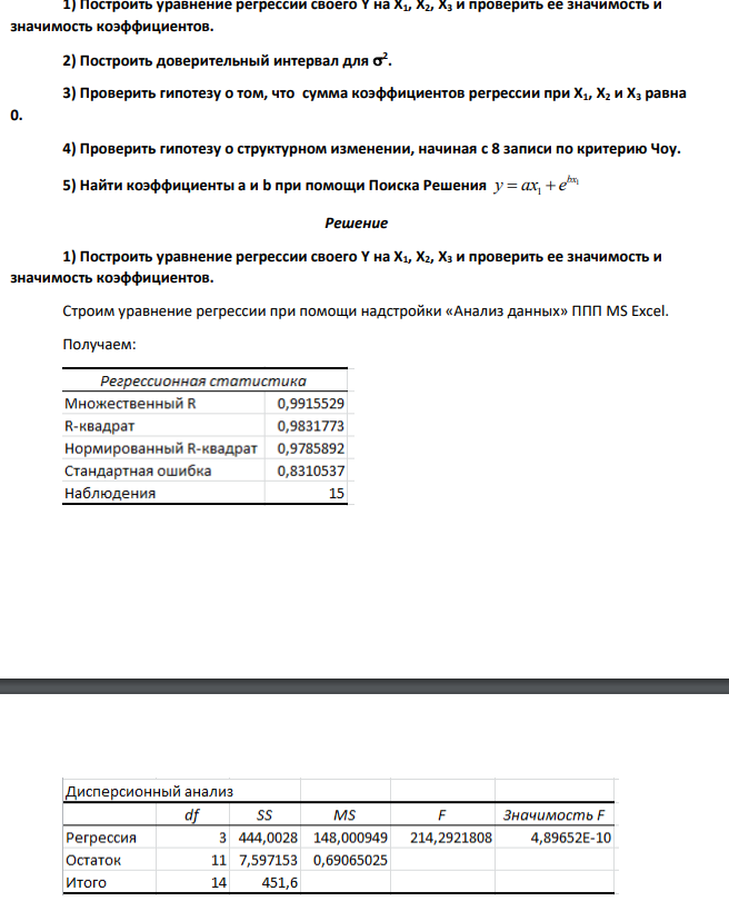 Построить уравнение регрессии своего Y на Х1, Х2, Х3 и проверить ее значимость и значимость коэффициентов. 2) Построить доверительный интервал для  2 . 3) Проверить гипотезу о том, что сумма коэффициентов регрессии при Х1, Х2 и Х3 равна 0.