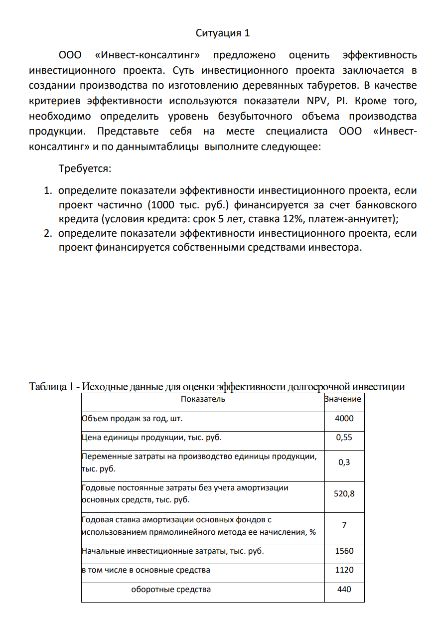 ООО «Инвест-консалтинг» предложено оценить эффективность инвестиционного проекта. Суть инвестиционного проекта заключается в создании производства по изготовлению деревянных табуретов. В качестве критериев эффективности используются показатели NPV, PI. Кроме того, необходимо определить уровень безубыточного объема производства продукции