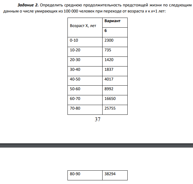 Определить среднюю продолжительность предстоящей жизни по следующим данным о числе умирающих из 100 000 человек при переходе от возраста x к x+1 лет: Возраст X, лет Вариант 6 0-10 2300 10-20 735 20-30 1420 30-40 1837 40-50 4017 50-60 8992 60-70 16650 70-80 25755 38 80-90 38294
