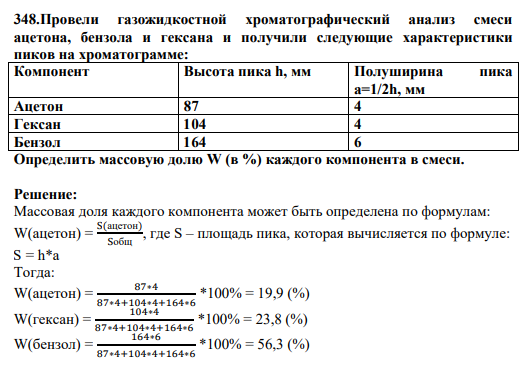 348.Провели газожидкостной хроматографический анализ смеси ацетона, бензола и гексана и получили следующие характеристики пиков на хроматограмме: