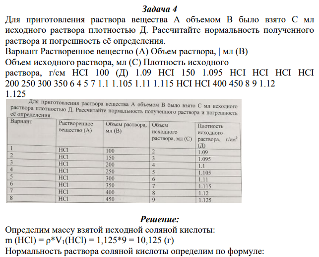 Для приготовления раствора вещества А объемом В было взято С мл исходного раствора плотностью Д. Рассчитайте нормальность полученного раствора и погрешность её определения.