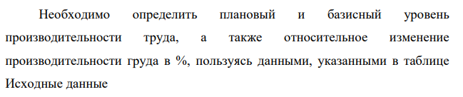 Необходимо определить плановый и базисный уровень производительности труда, а также относительное изменение производительности груда в %, пользуясь данными, указанными в таблице