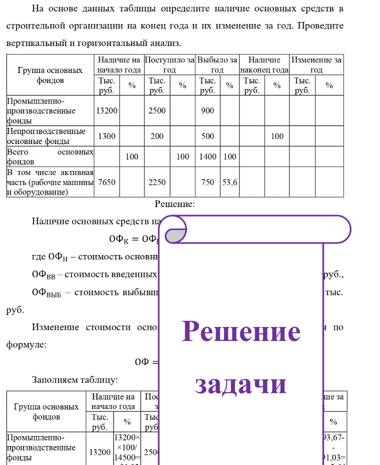 На основе данных таблицы определите наличие основных средств в строительной организации на конец года и их изменение за год. Проведите вертикальный и горизонтальный анализ. Наличие на Поступило за Выбыло за Наличие