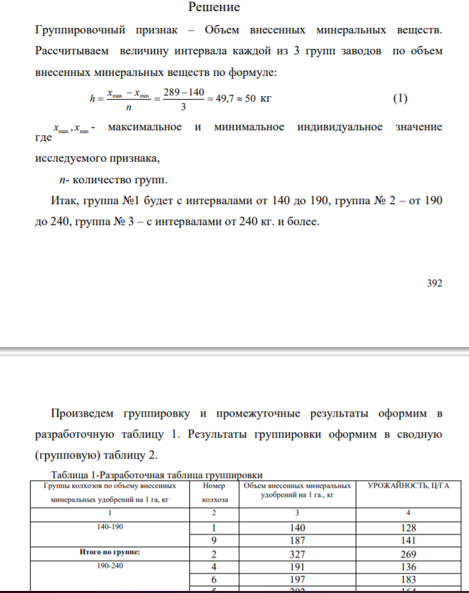 Для изучения зависимости между урожайностью картофеля и внесенными минеральными удобрениями произведите группировку сельскохозяйственных предприятий, образовав 3 группы предприятий с равными интервалами.