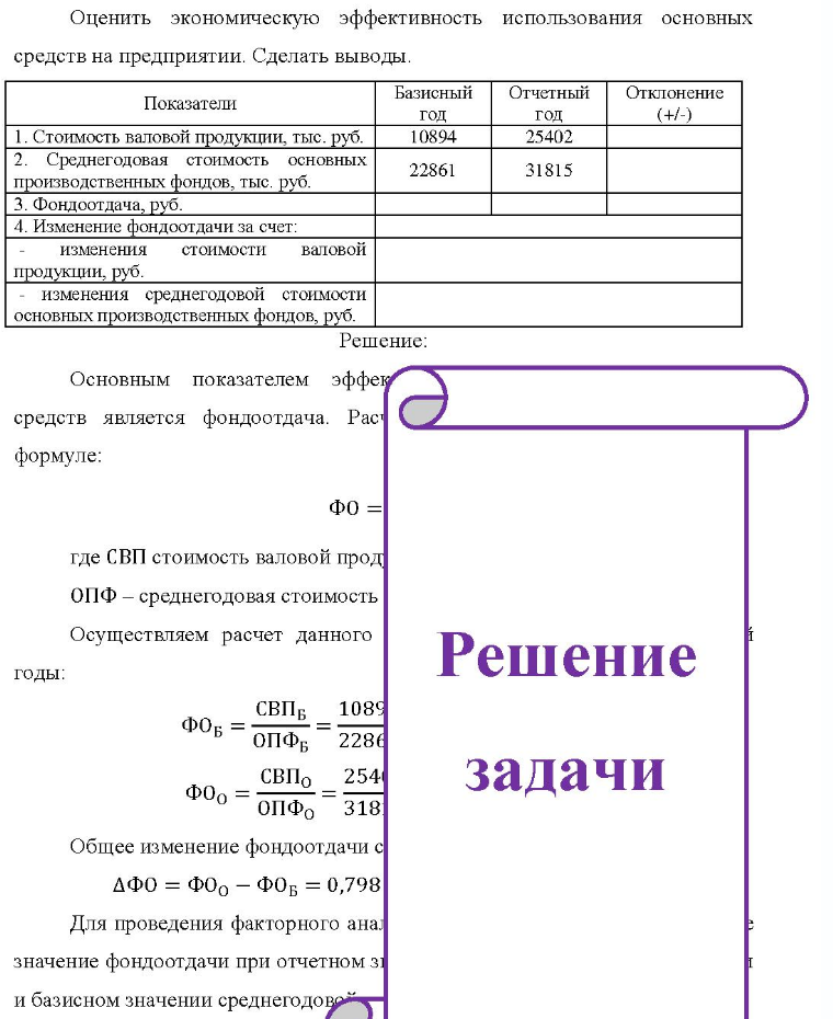 Оценить экономическую эффективность использования основных средств на предприятии. Сделать выводы. Показатели Базисный год Отчетный год Отклонение (+/-) Стоимость валовой продукции, тыс. руб. Среднегодовая стоимость основных производственных фондов, тыс. руб. 3.