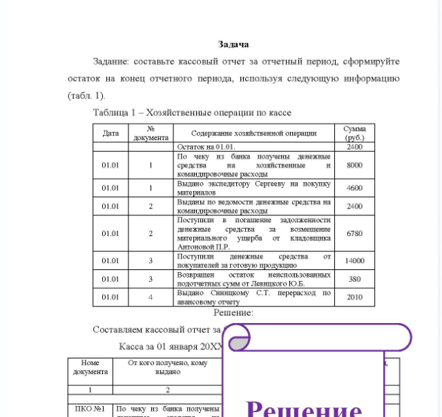 Задача Задание: составьте кассовый отчет за отчетный период, сформируйте остаток на конец отчетного периода, используя следующую информацию (табл. 1). Таблица 1 - Хозяйственные операции по кассе Дата 01.01 01.01 01.01 01.01 01.01 01.01 01.01 № документа 1 2 2 3 3 4 Содержание хозяйственной операции