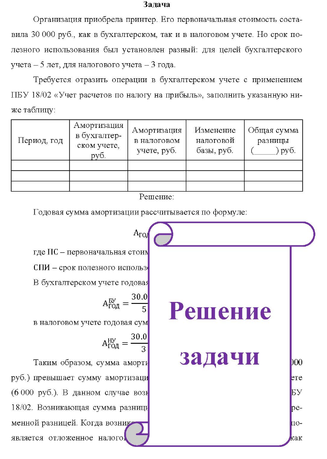 Задача Организация приобрела принтер. Его первоначальная стоимость соста- вила 30 000 руб., как в бухгалтерском, так и в налоговом учете.