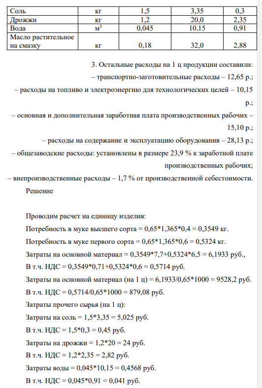 Определите себестоимость 1 ц хлеба «Новосибирский» и единицу изделия (развес 0, 650 кг). Калькуляцию себестоимости 1ц хлеба разработайте исходя из следующих данных. 1. Норма выхода готовой продукции из сырья составляет 136,5 %.
