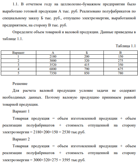 В отчетном году на целлюлозно-бумажном предприятии было выработано готовой продукции А тыс. руб. Реализовано полуфабрикатов по специальному заказу Б тыс. руб., отпущено электроэнергии, выработанной предприятием, на сторону В тыс. руб. Определите объем товарной и валовой продукции. Данные приведены в таблице 1.1.