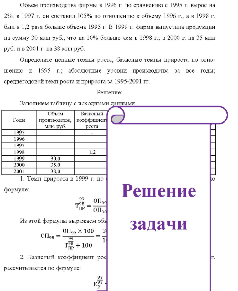 Объем производства фирмы в 1996 г. по сравнению с 1995 г. вырос на 2%; в 1997 г. он составил 105% по отношению к объему 1996 г., а в 1998 г. был в 1,2 раза больше объема 1995 г. В 1999 г. фирма выпустила продукции на сумму 30 млн руб. , что на 10% больше чем в 1998 г.; в 2000 г.