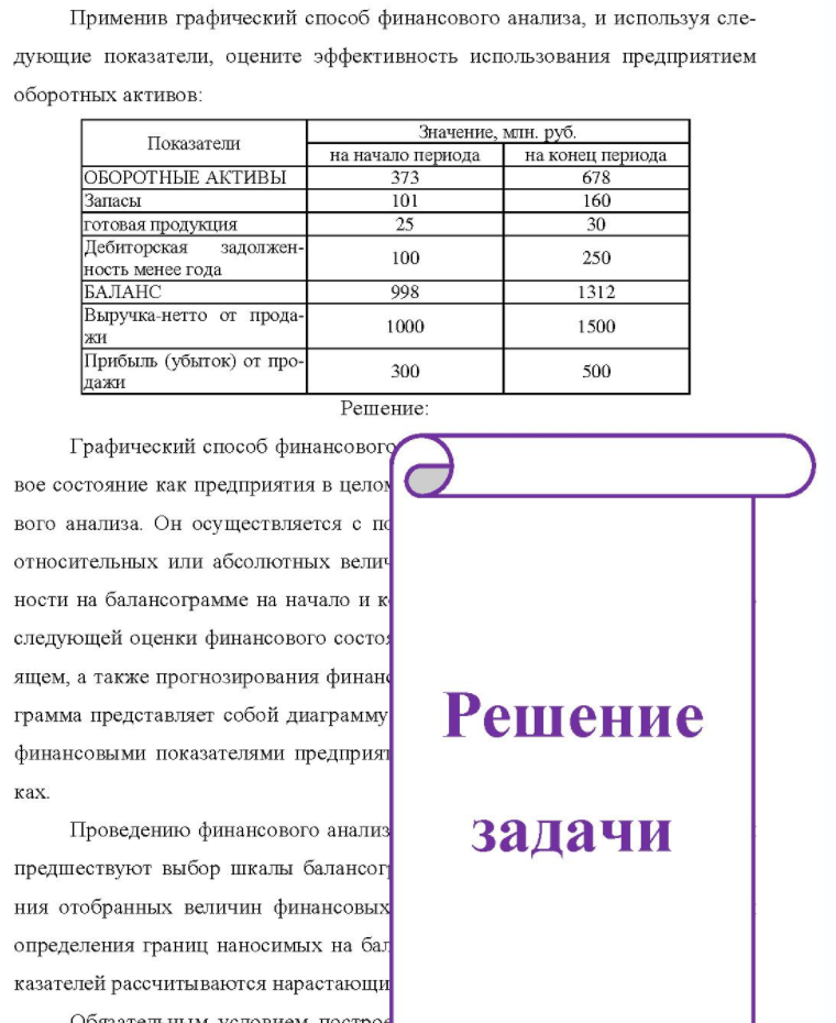 Применив графический способ финансового анализа, и используя сле- дующие показатели, оцените эффективность использования предприятием оборотных активов: Показатели Значение, млн. руб. на начало пернода на конец периода ОБОРОТНЫЕ АКТИВЫ Запасы
