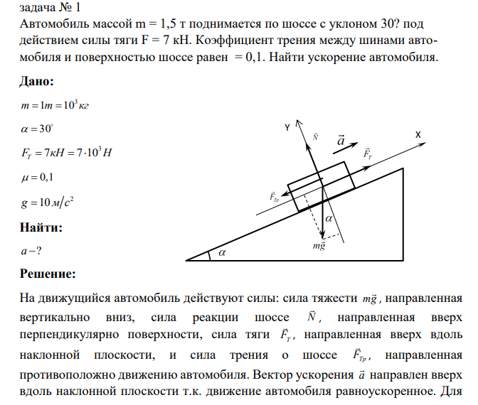 Автомобиль массой m = 1,5 т поднимается по шоссе с уклоном 30? под действием силы тяги F = 7 кН. Коэффициент трения между шинами автомобиля и поверхностью шоссе равен = 0,1.