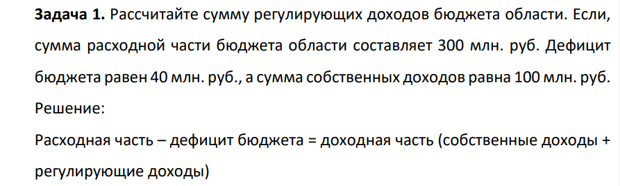 Рассчитайте сумму регулирующих доходов бюджета области. Если, сумма расходной части бюджета области составляет 300 млн. руб. Дефицит бюджета равен 40 млн. руб., а сумма собственных доходов равна 100 млн. руб.