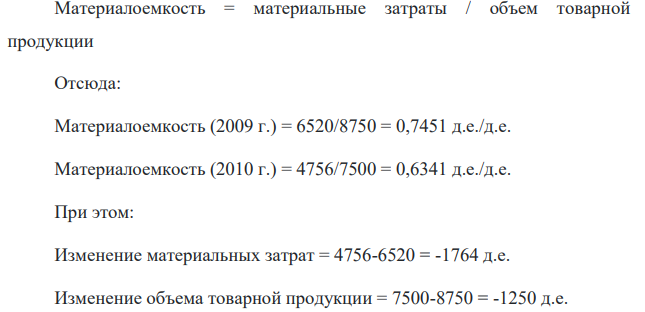 Произведите расчет материалоемкости учреждения УИС и проанализируйте ее изменение методом абсолютных разниц. Известно, что в 2009 г. материальные затраты составили 6520 д.е., объем товарной продукции равен 8750 д.е., в 2010 г. материальные затраты снизились до уровня 4756 д.е., а товарная продукция составила – 7500 д.е.
