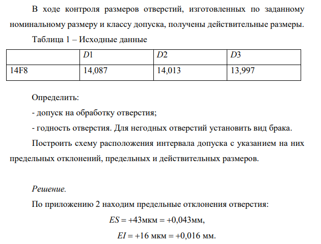 В ходе контроля размеров отверстий, изготовленных по заданному номинальному размеру и классу допуска, получены действительные размеры. Таблица 1 – Исходные данные D1 D2 D3 14F8 14,087 14,013 13,997