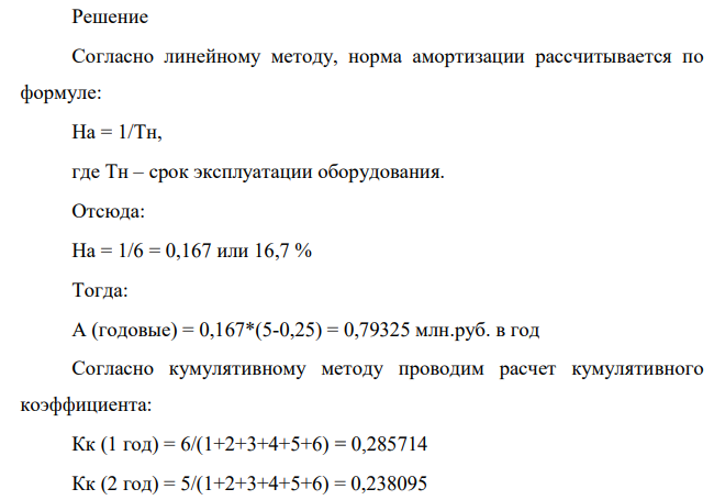 Первоначальная стоимость ОПФ моторного участка составляет 5,0 млн руб. Срок эксплуатации оборудования принят 6 лет. Ликвидационная стоимость 250 тыс. руб.