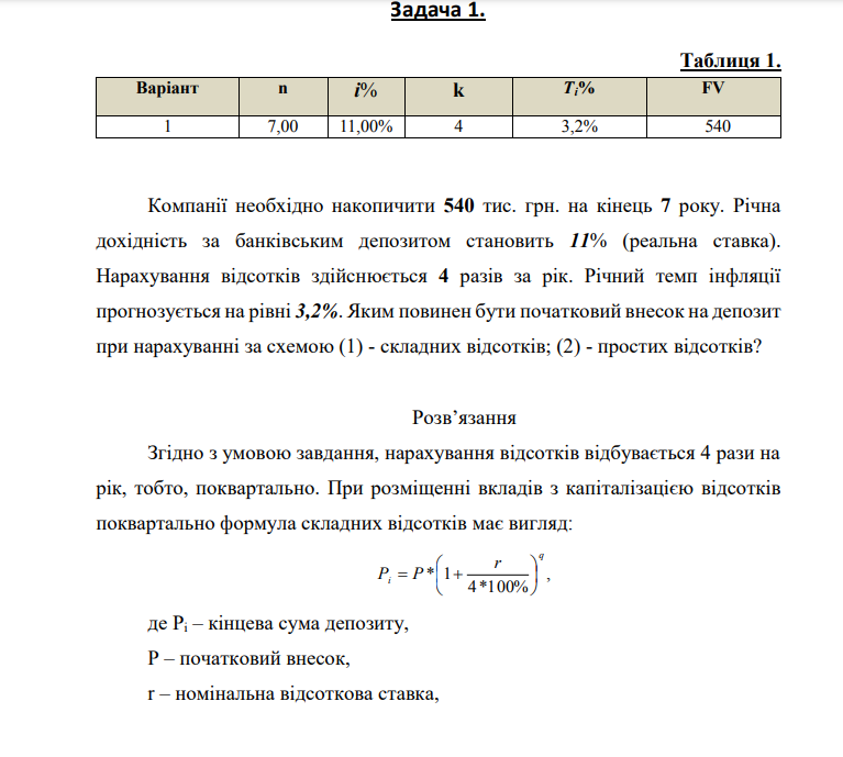 Задача 1. Таблиця 1. Варіант n і% k Ti% FV 1 7,00 11,00% 4 3,2% 540 Компанії необхідно накопичити 540 тис. грн. на кінець 7 року. Річна дохідність за банківським депозитом становить 11% (реальна ставка). Нарахування відсотків здійснюється 4 разів за рік. Річний темп інфляції прогнозується на рівні 3,2%. Я