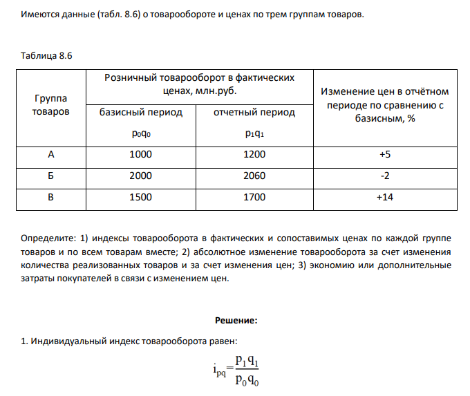 Имеются данные (табл. 8.6) о товарообороте и ценах по трем группам товаров. Таблица 8.6 Группа товаров Розничный товарооборот в фактических ценах, млн.руб. Изменение цен в отчётном периоде по сравнению с базисным