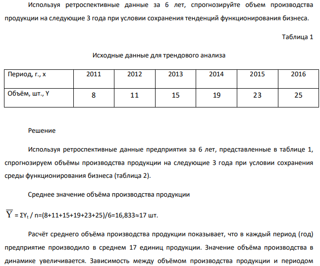 Используя ретроспективные данные за 6 лет, спрогнозируйте объем производства продукции на следующие 3 года при условии сохранения тенденций функционирования бизнеса. Таблица 1 Исходные данные для трендового анализа Период, г., x 2011 2012 2013 2014 2015 2016 Объём, шт., Y 8 11 15 19 23 25