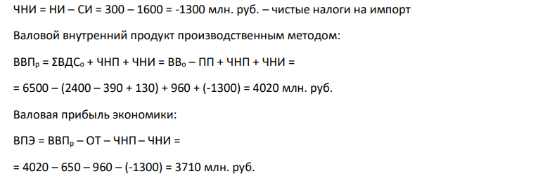 Имеются следующие условные данные (млн. руб.): 1) Валовый выпуск ВВ 6500 2) Материальные затраты, всего МЗ 2400 В том числе амортизация А 390 3) Недоамортизированная стоимость НСФ 60 4) Прочие элементы промежуточного потребления ПП 130 5) Косвенные налоги КН 1350 6) Субсидии С 390 7) Импорт благ и услуг И 500 8) Налоги на импорт НИ 300 9) Субсидии на импорт СИ 1600 10) Оплата труда работников ОТ 650 Определите валовую прибыль экономики.