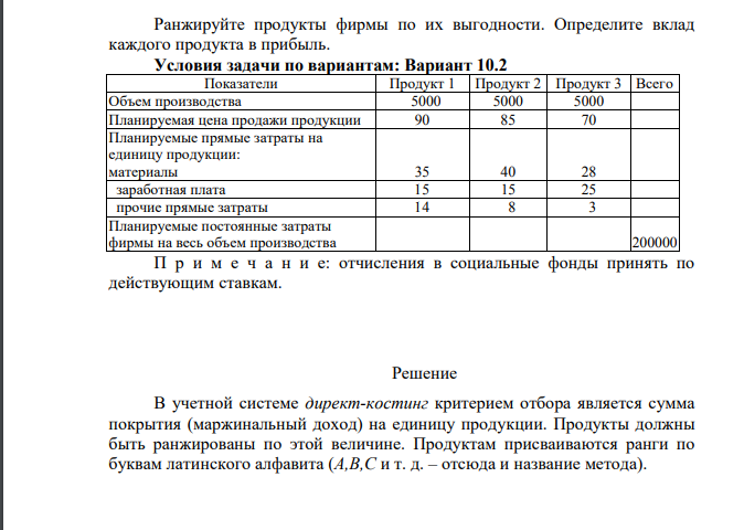 Ранжируйте продукты фирмы по их выгодности. Определите вклад каждого продукта в прибыль. Условия задачи по вариантам: Вариант 10.2