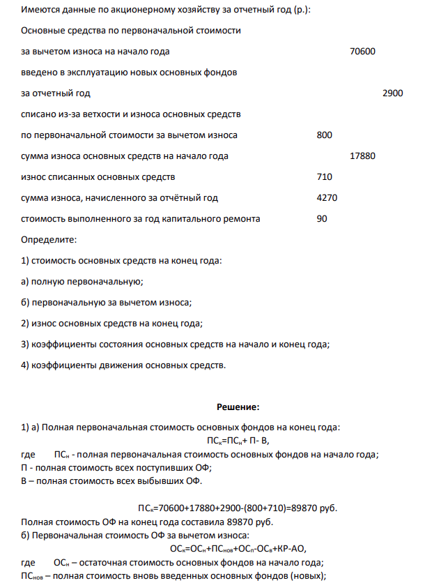Имеются данные по акционерному хозяйству за отчетный год (р.): Основные средства по первоначальной стоимости за вычетом износа на начало года 70600