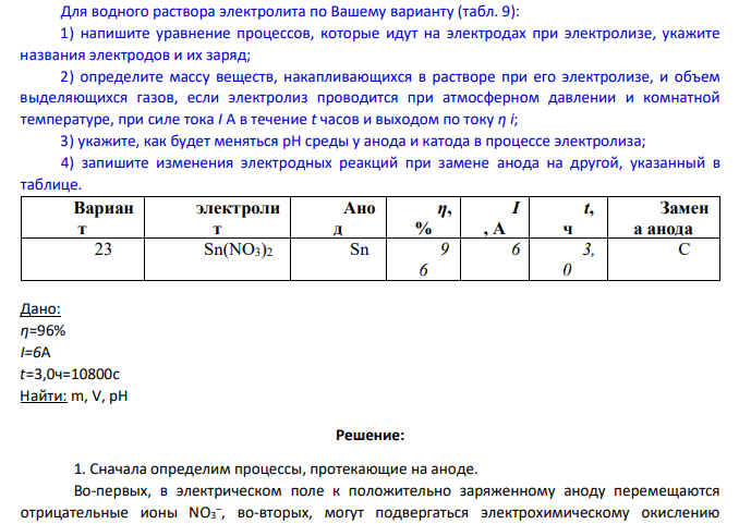 Для водного раствора электролита по Вашему варианту (табл. 9): 1) напишите уравнение процессов, которые идут на электродах при электролизе, укажите названия электродов и их заряд; 2) определите массу веществ, накапливающихся в растворе при его электролизе, и объем выделяющихся газов, если электролиз проводится при атмосферном давлении и комнатной температуре, при силе тока I А в течение t часов и выходом по току η i;