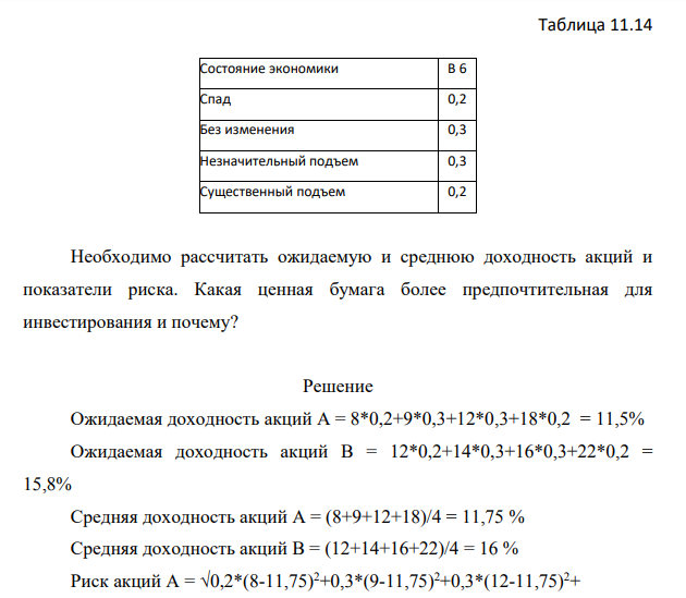 Имеются данные о ценных бумагах производственных компаний А и В. Состояние экономики Доходность акций А, % Доходность акций В, % Спад 8 12 Без изменения 9 14