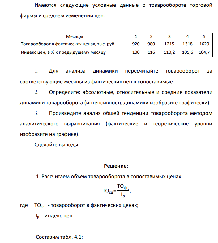 Имеются следующие условные данные о товарообороте торговой фирмы и среднем изменении цен: Месяцы 1 2 3 4 5 Товарооборот в фактических ценах, тыс. руб. 920 980 1215 1318 1620 Индекс цен, в % к предыдущему месяцу 100 116 110,2 105,6 104,7