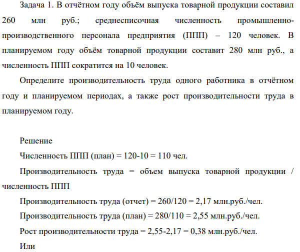 В отчётном году объём выпуска товарной продукции составил 260 млн руб.; среднесписочная численность промышленнопроизводственного персонала предприятия (ППП) – 120 человек.
