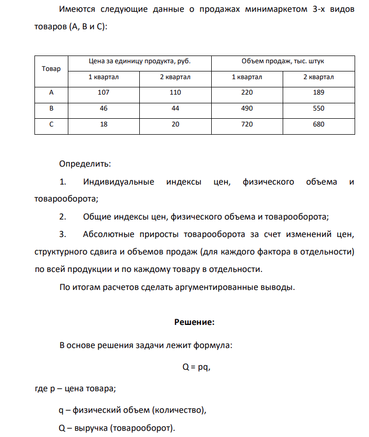 Имеются следующие данные о продажах минимаркетом 3-х видов товаров (A, B и C): Товар Цена за единицу продукта, руб. Объем продаж, тыс. штук 1 квартал 2 квартал 1 квартал 2 квартал А 107 110 220 189 В 46 44 490 550 С 18 20 720 680