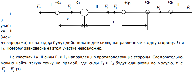 Заряды q1 = -5,0∙10-6 Кл и q2 = 40∙10-6 Кл находятся на расстоянии r = 55∙10-2 м друг от друга. Определить положение точки на прямой, соединяющей эти заряды, в которое нужно поместить заряд q0 так, чтобы система находилась в равновесии.
