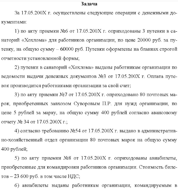 За 17.05.200Х г. осуществлены следующие операции с денежными до- кументами: 1) по акту приемки №6 от 17.05.200Х г. оприходованы 3 путевки в са- наторий «Хохлома» для работников организации, по цене 20000 руб. за пу- тевку, на общую сумму - 60000 руб. Путевки оформлены на бланках строгой отчетности установленной формы; 2) путевки в санаторий «Хохлома» выданы работникам организации по ведомости выдачи денежных документов №3 от 17.05.200Х г. Оплата путе- вок производится работниками организации за свой счет;