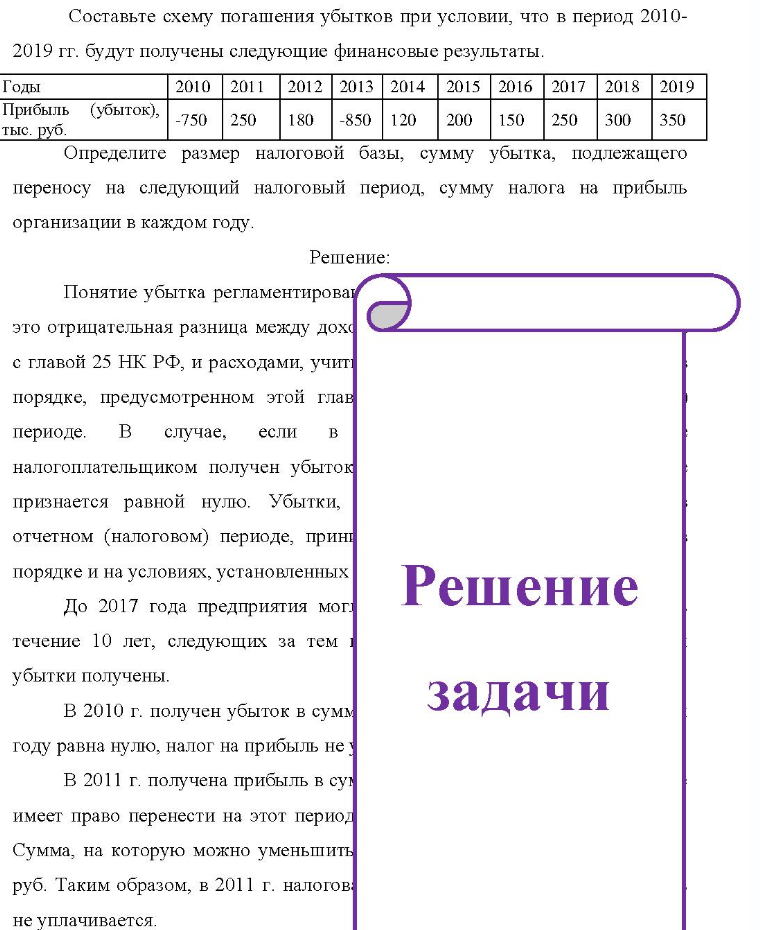 Составьте схему погашения убытков при условии, что в период 2010- 2019 гг. будут получены следующие финансовые результаты. Годы Прибыль (убыток), тыс. руб. 2010 2011 2012 2013 2014 2015 2016 2017 2018 2019 -750 250 180 -850 120 200 150 250 300