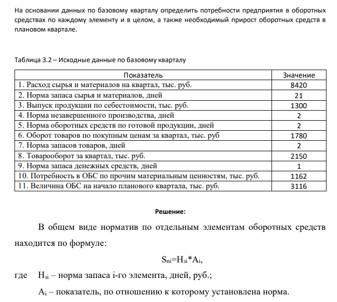 На основании данных по базовому кварталу определить потребности предприятия в оборотных средствах по каждому элементу и в целом, а также необходимый прирост оборотных средств в плановом квартале. Таблица 3.2 – Исходные