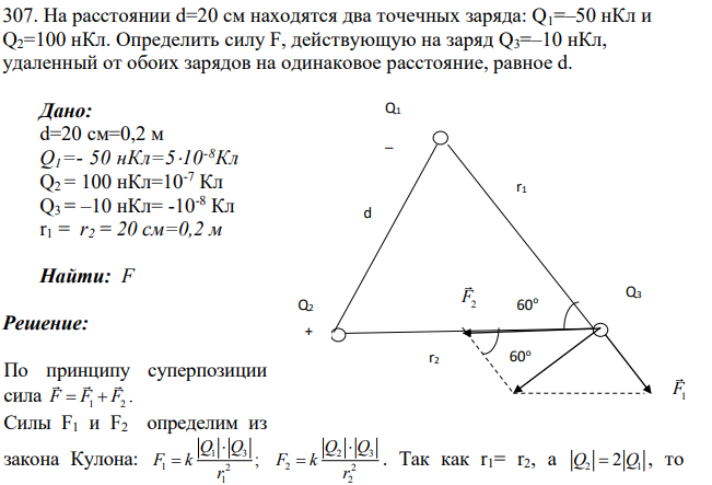 На расстоянии d=20 см находятся два точечных заряда: Q1=–50 нКл и Q2=100 нКл. Определить силу F, действующую на заряд Q3=–10 нКл, удаленный от обоих зарядов на одинаковое расстояние, равное d.
