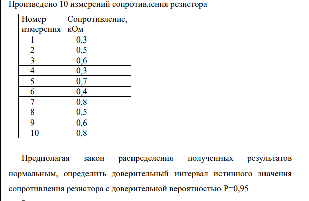 Произведено 10 измерений сопротивления резистора Номер измерения Сопротивление, кОм 1 0,3 2 0,5 3 0,6 4 0,3 5 0,7 6 0,4 7 0,8 8 0,5 9 0,6 10 0,8 Предполагая закон распределения полученных результатов нормальным, определить доверительный интервал истинного значения сопротивления резистора с доверительной вероятностью Р=0,95.