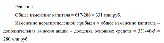 В отчете о финансовом положении за прошлый год капитал составляет 286 млн. руб., за отчетный год 617 млн. руб. на конец года. В течение отчетного года организация провела дополнительную эмиссию акций на сумму 46 млн. руб., дооценку основных средств на 5 млн. руб., отнесенную на прочий совокупный доход, начислила и выплатила дивиденды на сумму 9 млн. руб., исправила существенное занижение расходов прошлого года на 12 млн. руб.