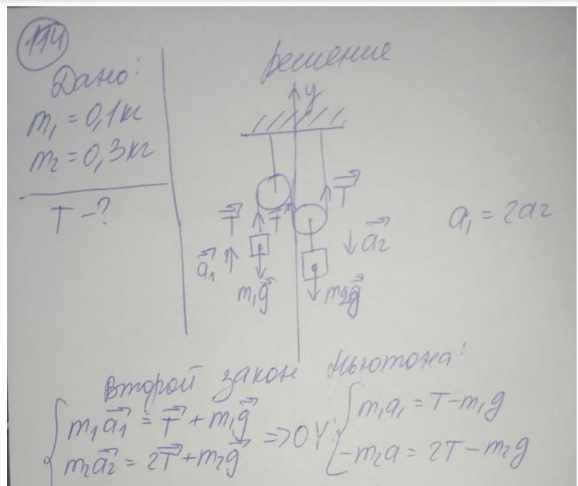 Найти натяжение нити T в устройстве, изображенном на рис.3.6. Массы тел соответственно равны m1 = 300 г. Весом блоков можно пренебречь.